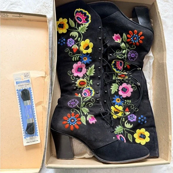 💫STUNNING RARE 60s 70s Enosis Greece Jerry Edouard Embroidered Black Gogo Boots - Picture 7 of 15